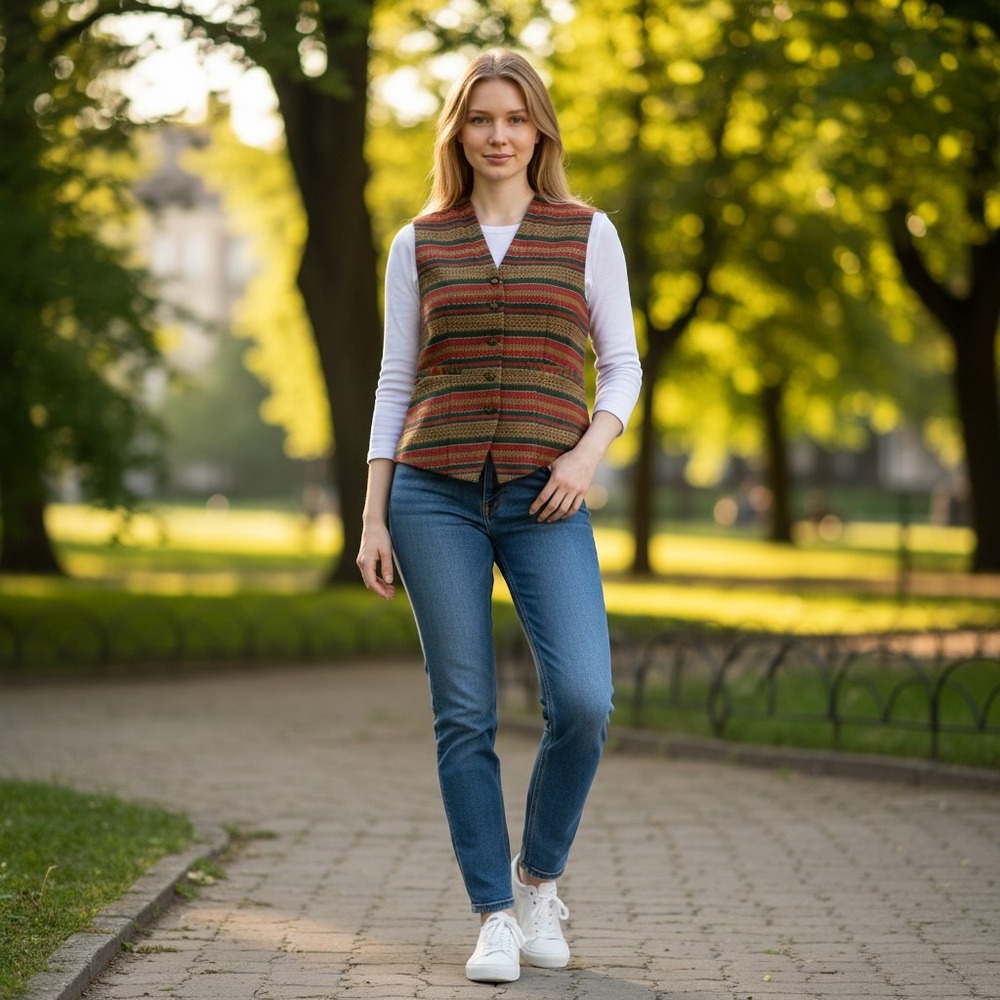 Pendleton Vest Womens 8 Red Green Gold Excellent Lurex Striped Tapestry 1211